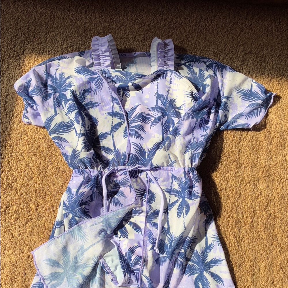 Girls Purple Palm Tree Print cover up  swimsuit set NWOT